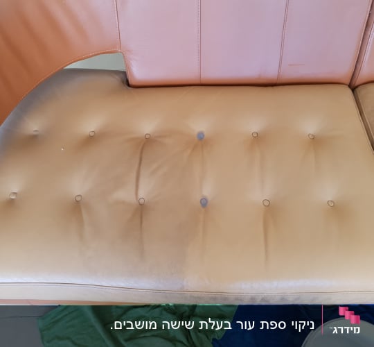ספה חומה עם כתמים ודלי לבן לניקוי